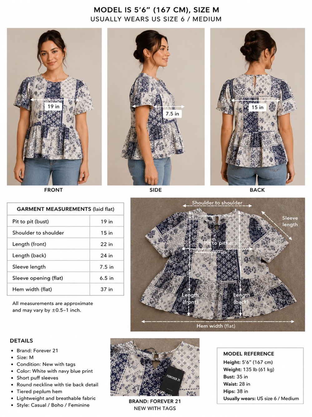 Forever 21 White and Navy Floral Tile Print Tiered Peplum Top